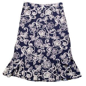 SJS Womens Ruffle Bottom Floral Midi Skirt-Navy Blue/White-Size Small-GUC